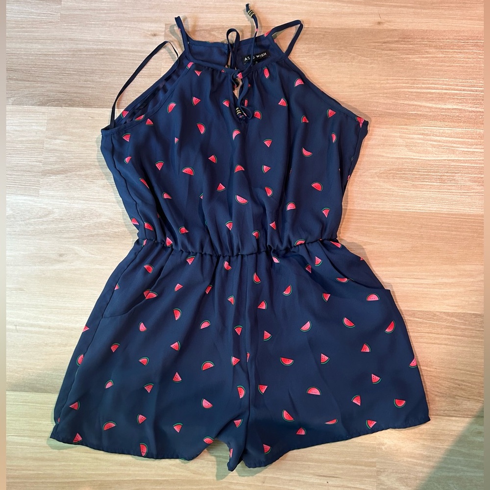 As U Wish, Small, Navy romper with watermelon slices